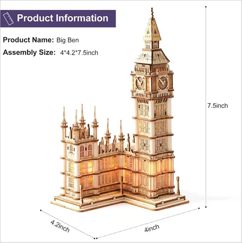 Vista 8 de Rolife Kit de modelo de rompecabezas de madera 3D para adultos para construir (aeronave y Big Ben)