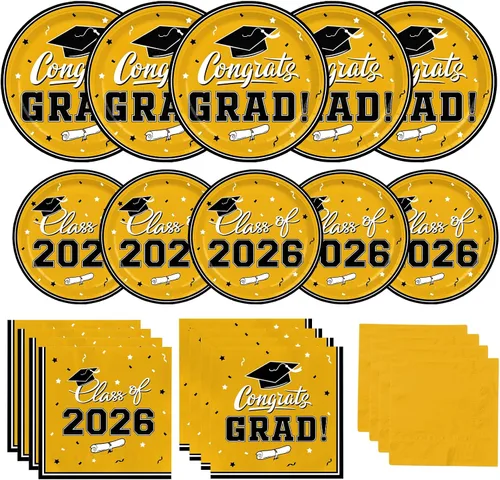 Vista 8 de Platos y servilletas de fiesta de graduación, decoraciones de graduación de clase de 2026, platos de papel desechables negros y dorados, servilletas
