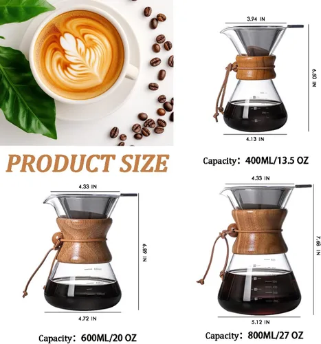 Vista 3 de Cafetera de goteo con filtro de goteo reutilizable de acero inoxidable, jarra de café de vidrio de borosilicato sin plomo con cuello de madera