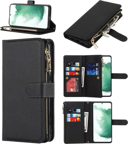 Vista 6 de Cavor Funda tipo cartera cruzada para Samsung Galaxy S22 Plus, color negro Funda de cuero con cierre magnético con cremallera y función atril TPU