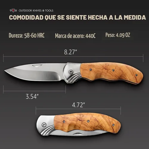 Vista 3 de Para Hombre - Cuchillo de bolsillo plegable con mango de madera -Grand Way 6651 3. Madera dorada