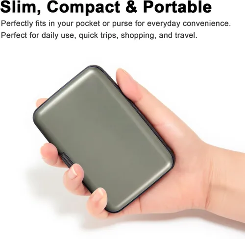 Vista 34 de Soporte para tarjetas de crédito, cartera metálica con bloqueo RFID para tarjetas de identificación para mujeres y hombres, funda rígida de aluminio