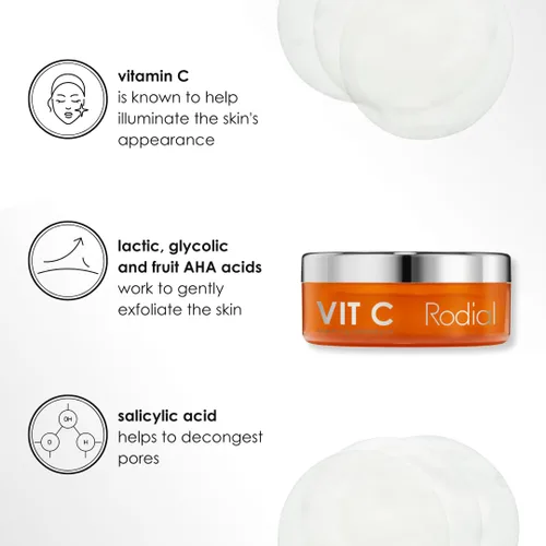 Vista 4 de Rodial Almohadillas limpiadoras iluminadoras Vit C, almohadillas tonificantes y purificadoras, almohadillas de rejuvenecimiento para día y noche