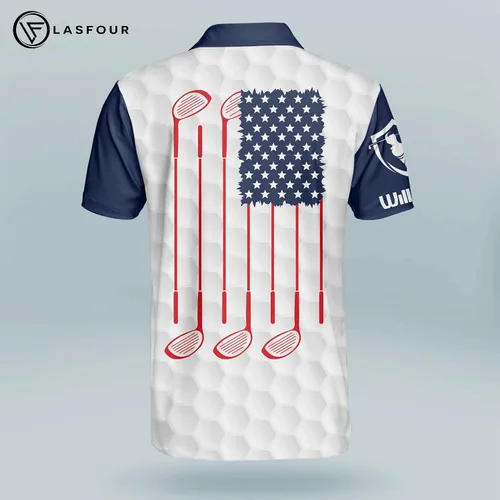 Vista 3 de LASFOUR Polo de golf personalizado divertido para hombre, orgulloso de golf, bandera estadounidense, polo patriótico 3D de golf para hombre