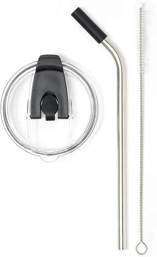 Vista 2 de Tapa de vaso a prueba de derrames con popote de acero inoxidable en ángulo + popote de silicona + cepillo de limpieza para vasos Yeti Rambler u Negro