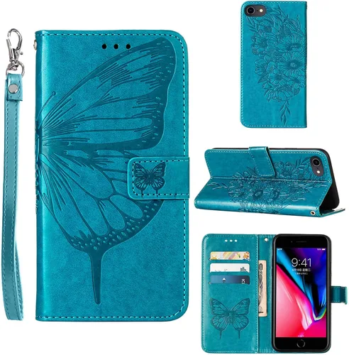 Vista 14 de Funda tipo cartera para iPhone 6/6S/7/8/SE 2022/SE 2020 (negro) Butterfly Floral Embossed Pattern, Wrist Strap, PU Leather, Card Holder Slots