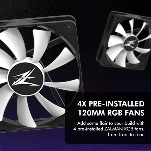 Vista 4 de Zalman i3 NEO Carcasa de PC ATX de Torre Media, 4 ventiladores RGB fijos preinstalados para alto rendimiento de flujo de aire, puerta oscilante