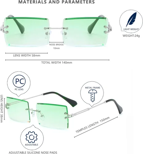Vista 5 de LASPOR Gafas de sol rectangulares sin montura plateadas para hombres y mujeres de los años 90 y 2000, retro, vintage, cuadradas, sin marco, gafas
