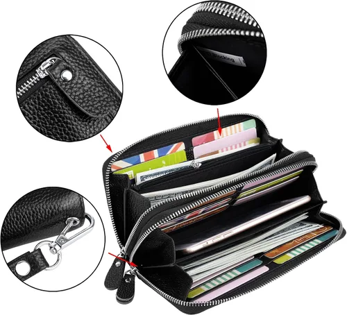 Vista 3 de YALUXE Cartera de cuero con cremallera doble para mujer, cartera para teléfono celular, tarjetero, bloqueo RFID, Negro 2.0