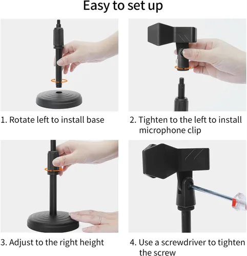 Vista 4 de Soporte de micrófono de escritorio, soporte de micrófono de mesa ajustable mejorado con clip de micrófono compatible con micrófono de diámetro
