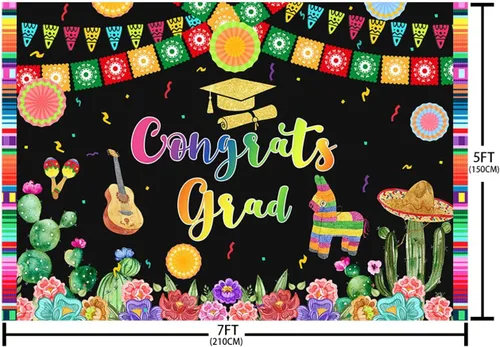 Vista 5 de Telón de fondo mexicano de 7 x 5 pies, decoración de fiesta de graduación mexicana 2022, abanicos de papel, flores, fotografía, fondo de tela