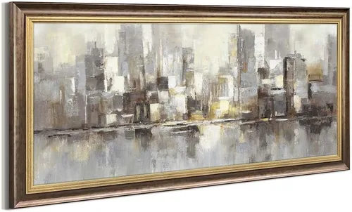 Vista 8 de Lienzo decorativo para pared de ciudad: paisaje abstracto de horizonte moderno, pintura de paisaje urbano contemporáneo, horizontal, vista urbana