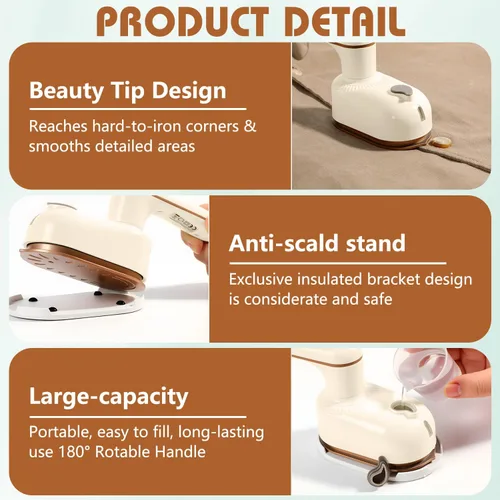 Vista 5 de Plancha de vapor, plancha de vapor portátil de viaje para ropa, vaporera y planchas 2 en 1, planchado continuo a vapor y seco, mini planchas