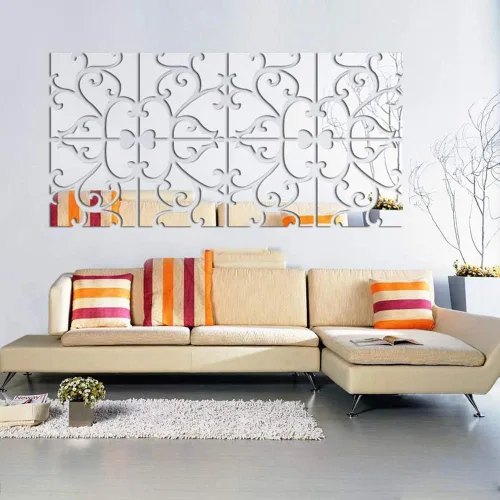 Vista 4 de Calcomanías de pared de espejo 3D, 4 piezas de calcomanías de pared de arte de cristal acrílico, autoadhesivas, espejo extraíble, azulejos de pared