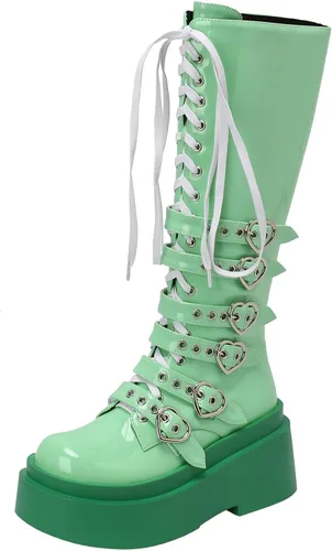 Vista 63 de Parisuit Botas góticas altas hasta la rodilla con hebilla de plataforma para mujer, tacón alto grueso, con cordones, botas de combate punk, con Negro