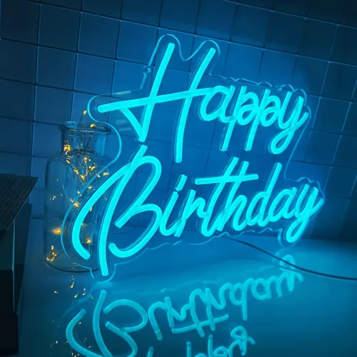 Vista 2 de Letrero de neón de feliz cumpleaños, reutilizable, luz nocturna LED de neón azul hielo, decoraciones de fiesta de cumpleaños, funciona con USB