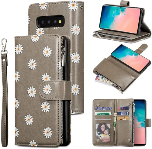 Vista 9 de UEEBAI Funda tipo cartera para Samsung Galaxy S10 Plus, Cartera de piel sintética con cierre magnético, funda de bolsillo con cremallera, ranuras