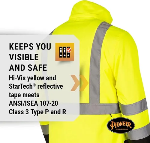 Vista 4 de Pioneer Hi Vis - Chaqueta impermeable de seguridad 2 en 1 para hombres y mujeres, se invierte a un acolchado negro, equipo impermeable reflectante