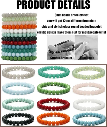 Vista 2 de BOMAIL 12 pulseras elásticas de cuentas de 0.315in hechas a mano redondas de cristal para mujer, multicolor, mate, pulsera elástica, regalos