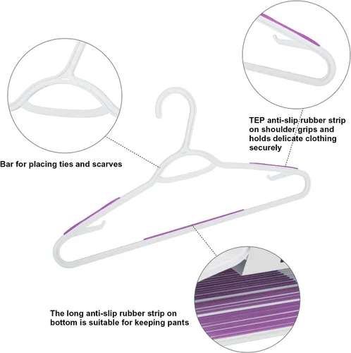 Vista 4 de Paquete de 30 perchas de plástico flexibles, ligeras, antideslizantes, para ropa, trajes, color morado