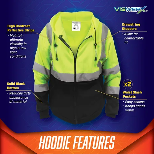 Vista 5 de Sudadera con capucha Hi-Vis con cremallera completa – ANSI CL3 – Sudadera reflectante para trabajo, construcción y zonas de alto tráfico, sudadera