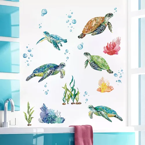 Vista 2 de decalmile Calcomanías de pared de tortugas marinas bajo el mar, calcomanías de pared de algas marinas, decoración de pared para dormitorio, baño