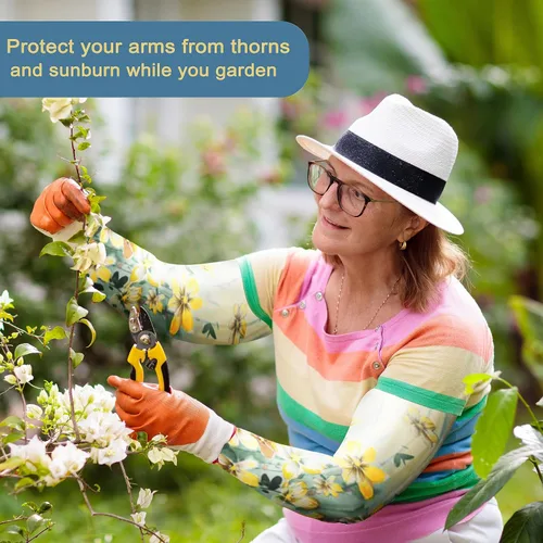 Vista 5 de Mangas de jardinería – Mangas de protección solar para mujeres y hombres, a prueba de espinas y patrón de flores amarillas, 19 x 5 x 3.5 pulgadas