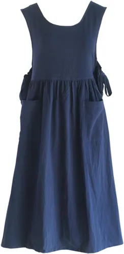Vista 16 de Vestido tipo delantal de lino de algodón con espalda cruzada para mujer con bolsillos para cocinar y limpiar - Delantal cruzado - Azul - con lazos