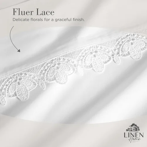 Vista 4 de Fundas de almohada 100% algodón percal con encaje fluer tamaño Queen/estándar, color blanco, 2 piezas de fundas de almohada, ropa de cama fuerte