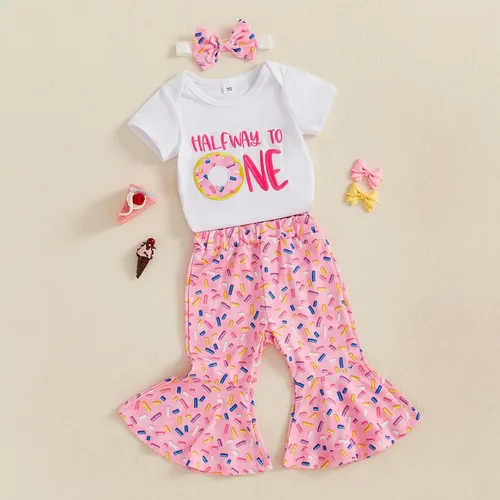 Vista 52 de Conjunto de ropa de cumpleaños para bebé niña pequeña, camiseta de manga larga, pantalones de campana, diadema