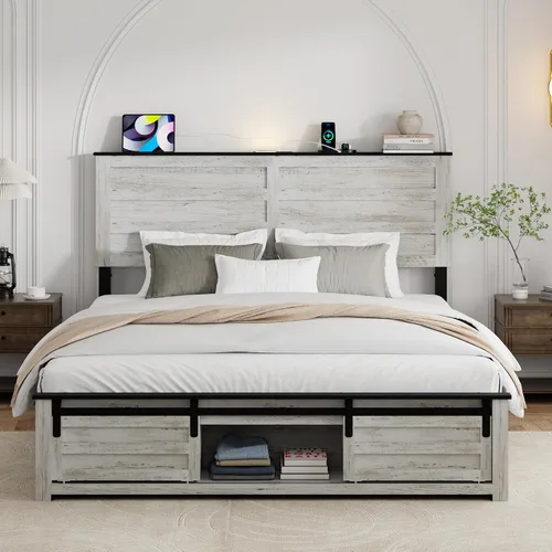 Vista 10 de Base de cama tamaño matrimonial con cabecero de madera, estructura de cama de plataforma de madera con estribo de puerta corrediza de granero