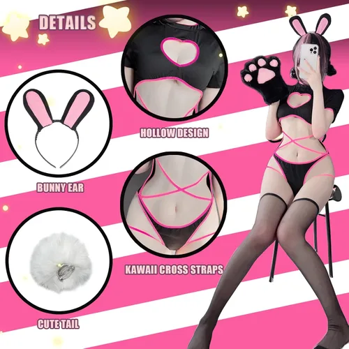 Vista 5 de paloli Disfraz de conejito para mujer, sexy, de una pieza, con corte de anime, parte delantera de corazón, lindo conjunto de traje