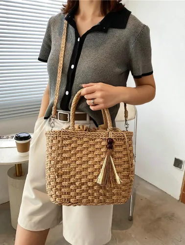 Vista 2 de Caistre Handwoven Straw Bag for Women Lightweight Shopping Tote Handbag Purse Boho Bag