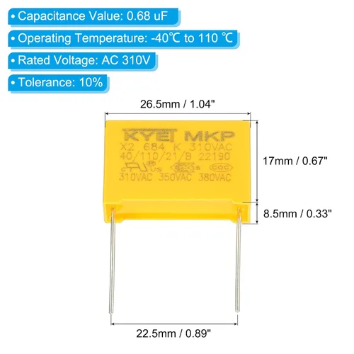 Vista 2 de PATIKIL Condensadores de seguridad, paquete de 10 unidades 0.68uF AC 310V 0.886 in Pin Pitch 1.063x0.669x0.354 in Kit surtido de condensadores
