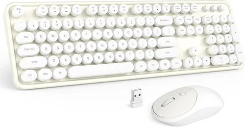 Vista 8 de MOFII Combo de teclado y mouse inalámbricos, teclado retro de máquina de escribir de 2.4 GHz, tamaño completo, lindos ratones inalámbricos, dongle