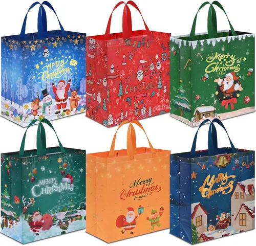 Vista 10 de AhfuLife 12 piezas bolsas de regalo de Navidad extra grandes, 15.7'' x 14.2'' x 5.9'', bolsas tipo tote de Navidad con asas, bolsa de compras B: 12
