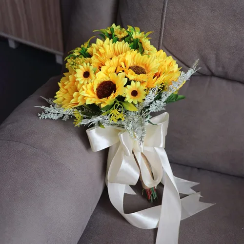 Vista 7 de Ramo de flores artificiales de girasol, ramos de boda románticos de 13.8 pulgadas para novia, dama de honor, ramas de girasol de seda para novia