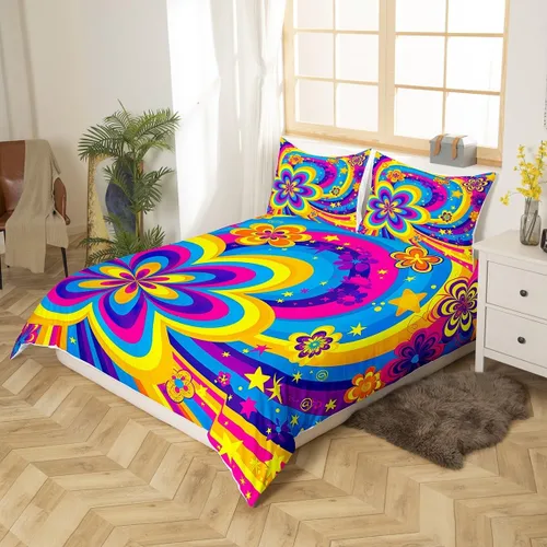 Vista 2 de Groovy Flowers - Funda de edredón de flores hippy girl, juego de ropa de cama con diseño de flores de arco iris, espiral, rayas, floral, juego