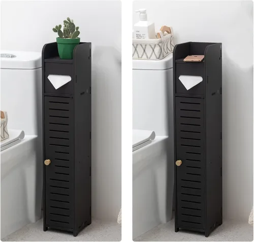Vista 2 de AOJEZOR Gabinete pequeño de almacenamiento para baño: Gabinete para papel higiénico de baño adecuado para rollo pequeño, negro