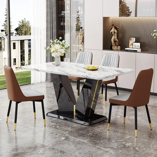 Vista 16 de Juego de mesa de comedor de 5 piezas, juego de mesa de comedor moderno de mármol de 63 pulgadas para 4, juego de mesa de cocina blanca para 4, juego