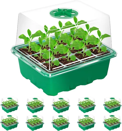 Vista 12 de Bonviee Paquete de 5 bandejas de inicio de semillas, kit de iniciación de plantas con cúpula de humedad ajustable y base de invernadero para Negro