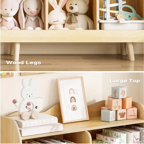 Vista 5 de Estantería para niños y organizador de juguetes Treocho, estantería de madera para niños de 3 niveles con diseño curvo, 5 compartimentos
