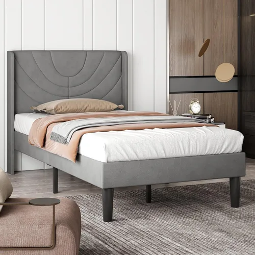 Vista 16 de VECELO Marco de Cama Tamaño Twin Plataforma Tapizada con Cabecera de Tela Ondulada/Soporte de Listones de Madera/No Necesita Somier/Base de Colchón