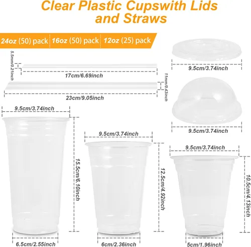 Vista 3 de Paquete de 25 vasos de plástico transparente de 12 onzas con tapas y popotes, resistentes y seguros para alimentos, vasos desechables para café