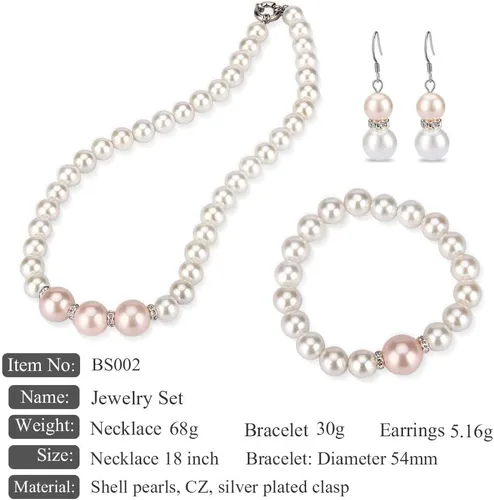 Vista 2 de Pink White Shell Pearl Handmade Earrings Necklace Bracelet Jewelry Set for Women