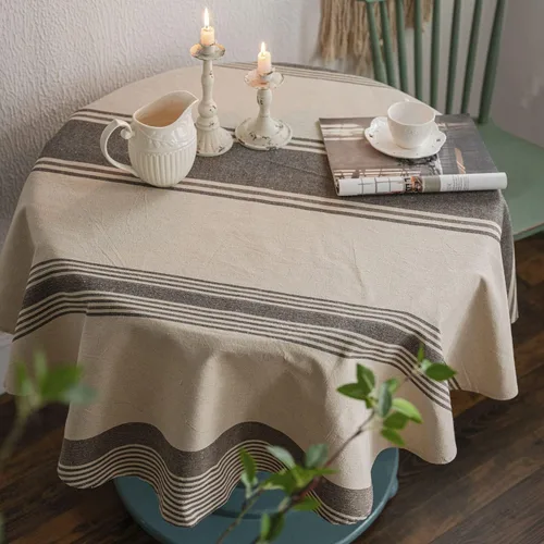 Vista 7 de ArtBud Mantel de arpillera de algodón y lino, mantel de granja a rayas, mantel de picnic a rayas, cubierta de mesa de tela pesada, decoración