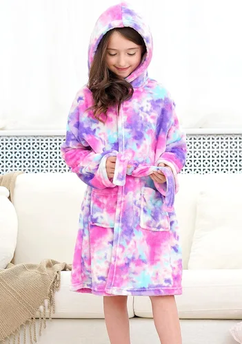 Vista 2 de Doctor Unicorn Suave bata de baño con capucha arcoíris para niñas
