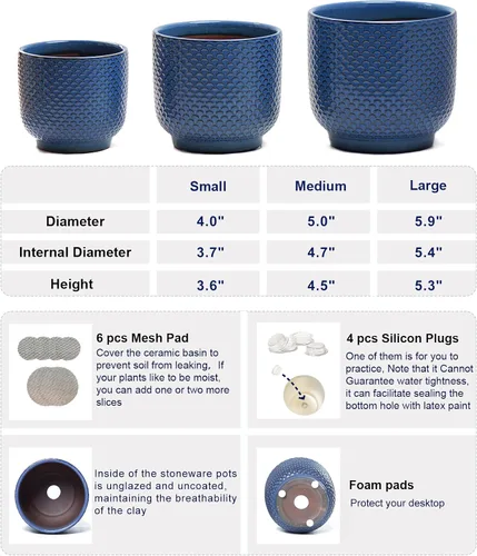 Vista 2 de Macetas de cerámica de 4 + 5 + 6 pulgadas para plantas de interior, macetas para plantas suculentas, maceta de orquídea con orificio de drenaje Azul