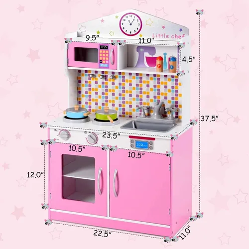 Vista 7 de ARLIME Juego de cocina para niños, cocina de juguete de madera con fregadero extraíble, microondas, utensilios de cocina, armario de almacenamiento