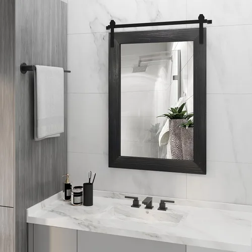 Vista 28 de COGOOD Espejo de puerta de granero de granja, 25 x 18 pulgadas, espejo decrativo con marco de madera rústica para baño, sala de estar, decoración